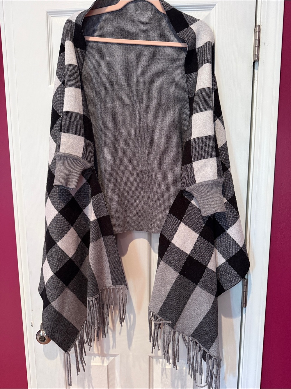 Gray Plaid Open-Front Cape with Cuffs & Fringe